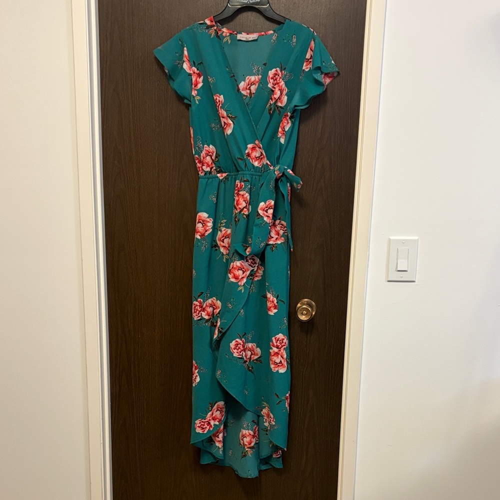 Teal and Red Floral High Low Dress